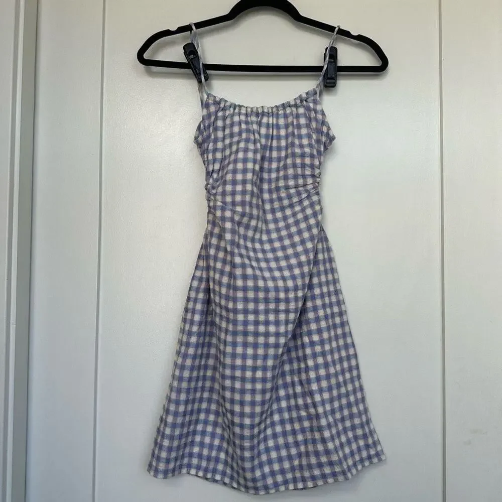 L*Space Gingham Mini Dress XS Purple White Tie Back Summer - Picture 3 of 9